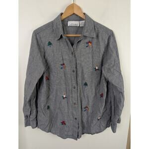 Casey & Max Women's Large L Embroidered Button Down Shirt Christmas Theme Gray